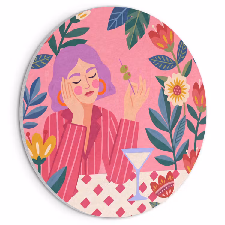 Vrouw - Cocktail - Bloemen - Modern - Roze Akoestische PET Vilt - Rond klein -3d