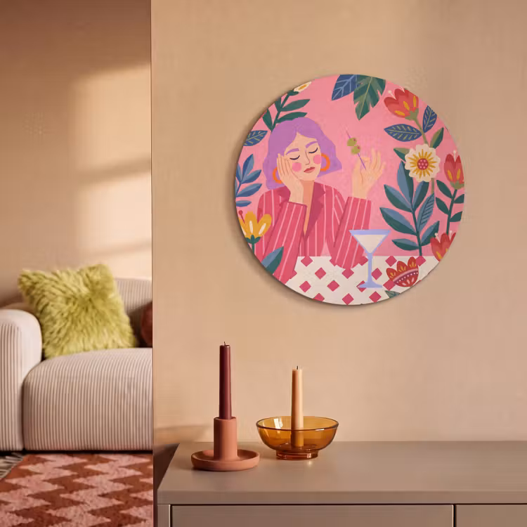 Vrouw - Cocktail - Bloemen - Modern - Roze Akoestische PET Vilt - Rond klein -sfeer1