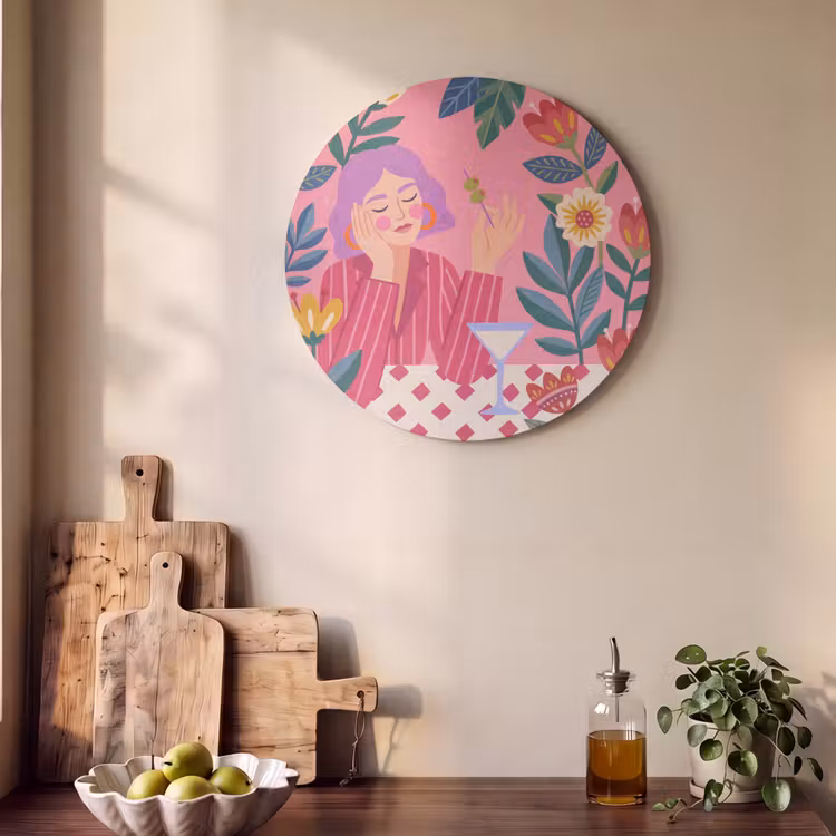 Vrouw - Cocktail - Bloemen - Modern - Roze Akoestische PET Vilt - Rond klein -sfeer2