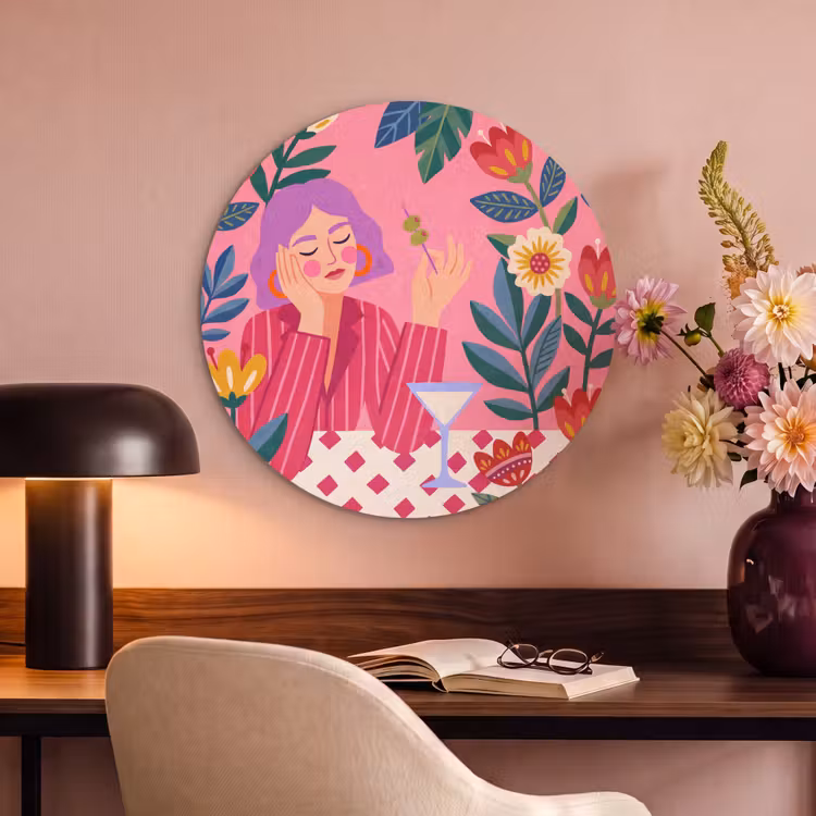 Vrouw - Cocktail - Bloemen - Modern - Roze Akoestische PET Vilt - Rond klein -sfeer3