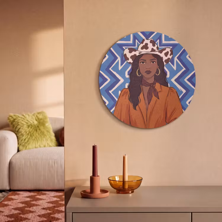 Vrouw - Cowboyhoed - Portret - Modern - Blauw Akoestische PET Vilt - Rond klein -sfeer1