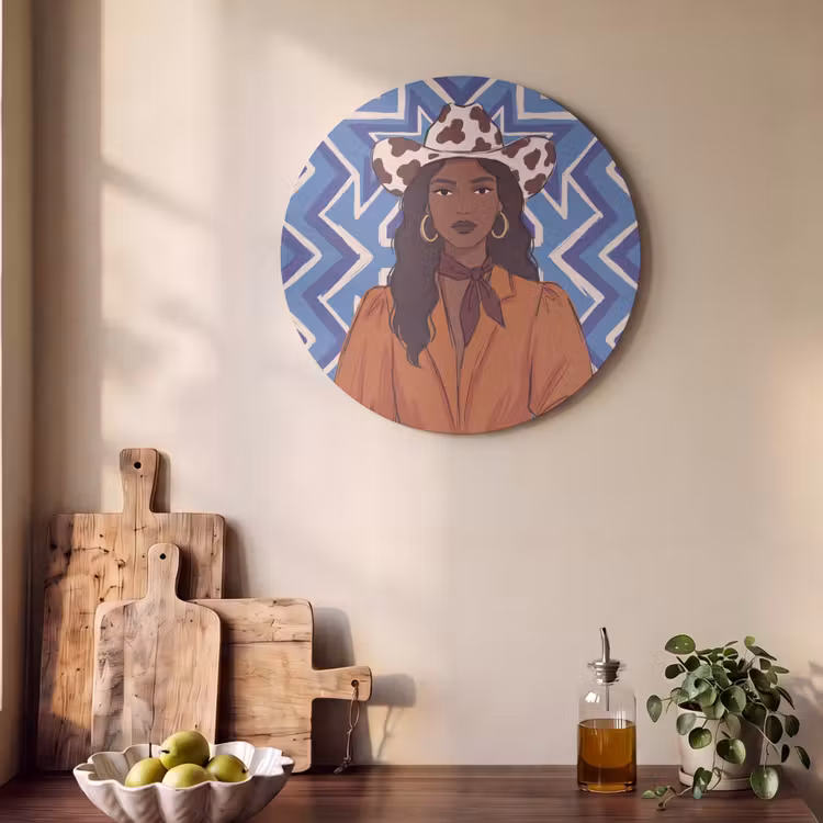 Vrouw - Cowboyhoed - Portret - Modern - Blauw Akoestische PET Vilt - Rond klein -sfeer2