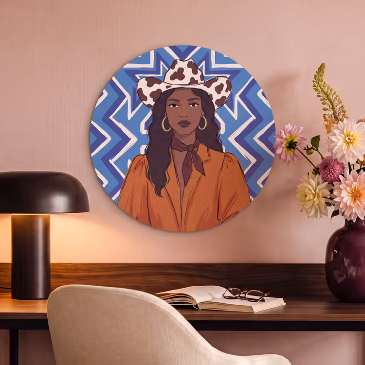 Vrouw - Cowboyhoed - Portret - Modern - Blauw Akoestische PET Vilt - Rond klein -sfeer3