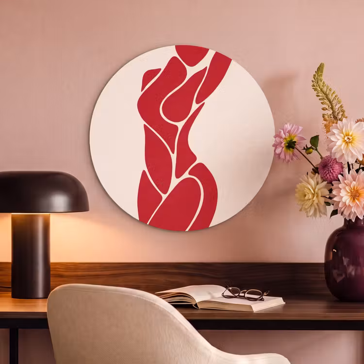 Vrouw - Figuur - Abstract - Modern - Rood Akoestische PET Vilt - Rond klein -sfeer3