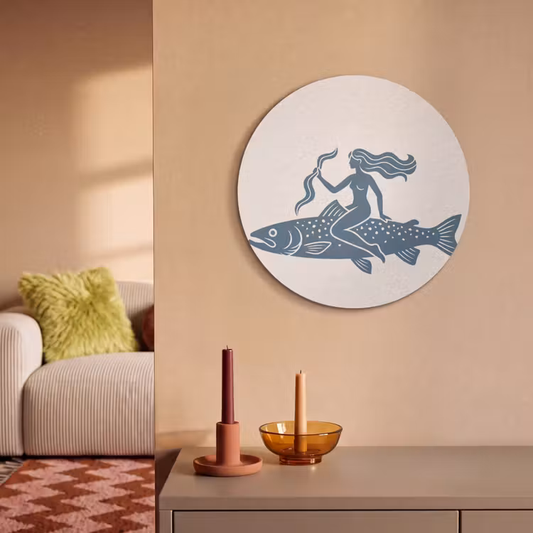 Vrouw - Vis - Fantasie - Abstract - Blauw Akoestische PET Vilt - Rond klein -sfeer1