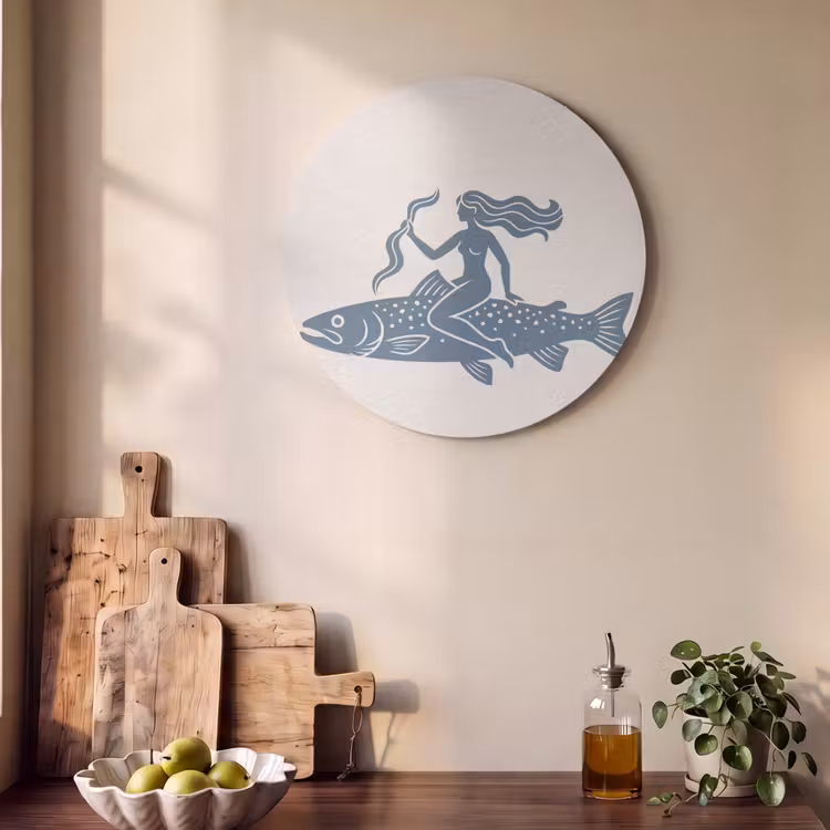 Vrouw - Vis - Fantasie - Abstract - Blauw Akoestische PET Vilt - Rond klein -sfeer2