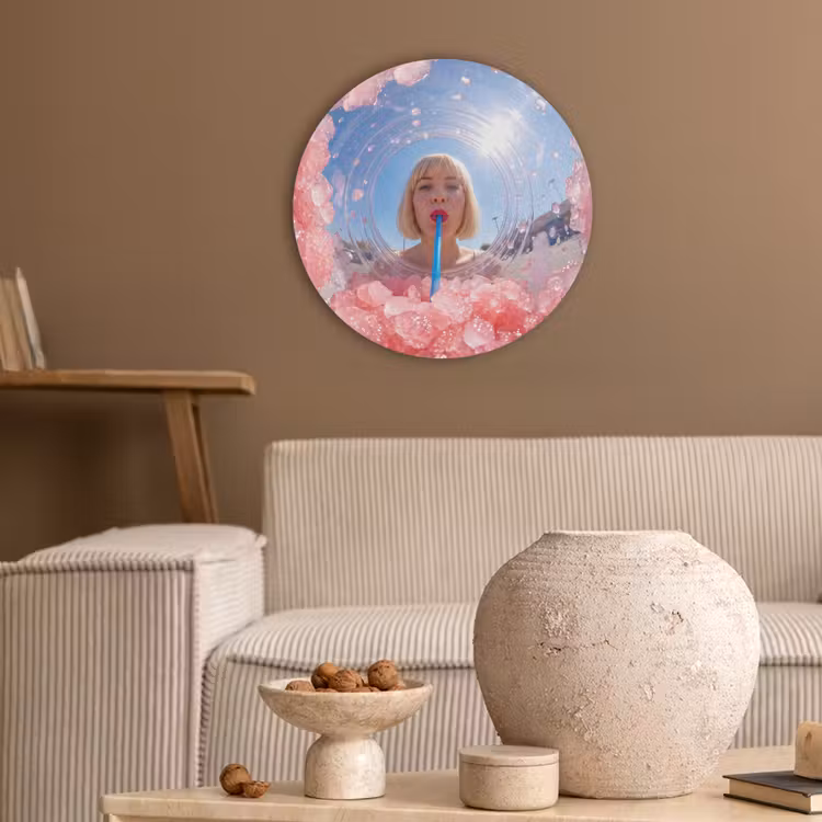 Vrouw - Drank - Zomer - Roze - Blauw Akoestische PET Vilt - Rond klein -sfeer1