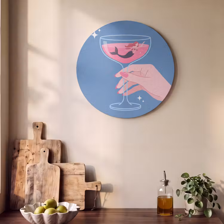 Vrouw - Glas - Abstract - Roze - Blauw Akoestische PET Vilt - Rond klein -sfeer2