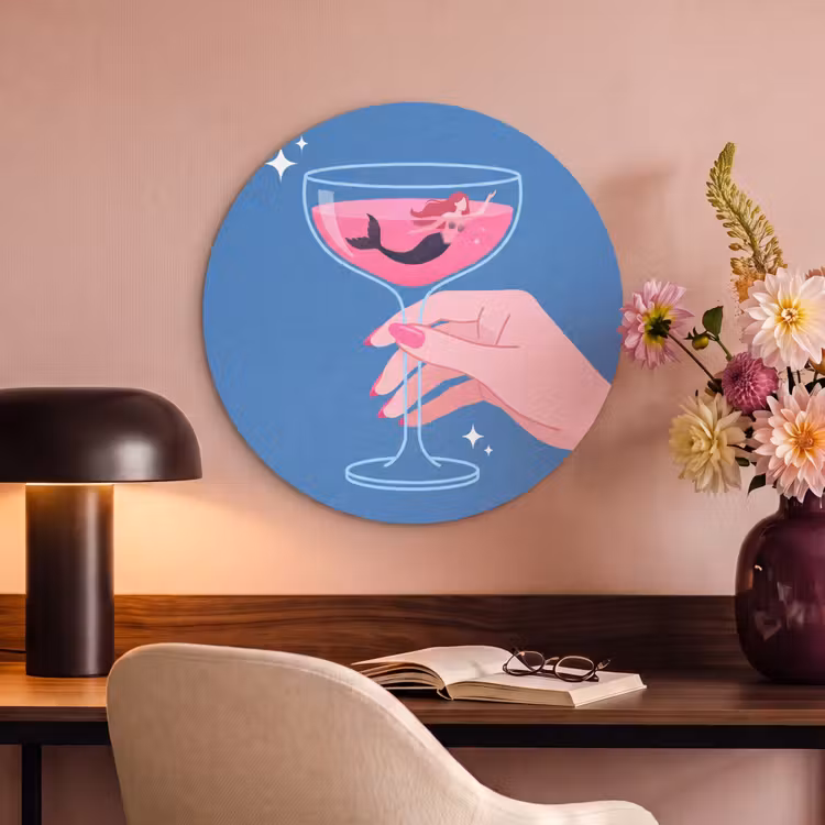 Vrouw - Glas - Abstract - Roze - Blauw Akoestische PET Vilt - Rond klein -sfeer3