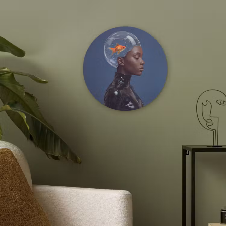 Vrouw - Goudvis - Hoofd - Abstract - Blauw Akoestische PET Vilt - Rond klein -sfeer2