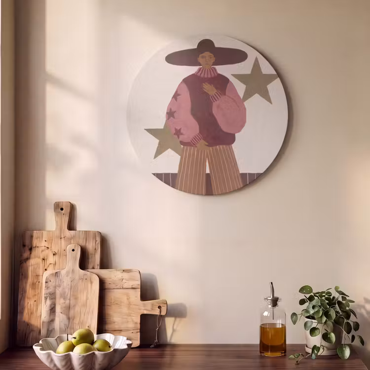 Vrouw - Hoed - Abstract - Modern - Portret Akoestische PET Vilt - Rond klein -sfeer2
