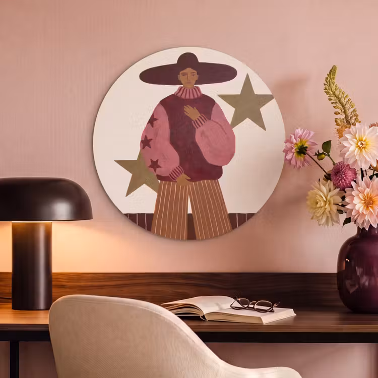 Vrouw - Hoed - Abstract - Modern - Portret Akoestische PET Vilt - Rond klein -sfeer3