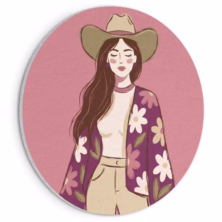 Vrouw - Hoed - Portret - Illustratie - Roze Akoestische PET Vilt - Rond klein -3d