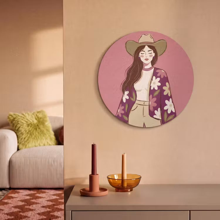 Vrouw - Hoed - Portret - Illustratie - Roze Akoestische PET Vilt - Rond klein -sfeer1