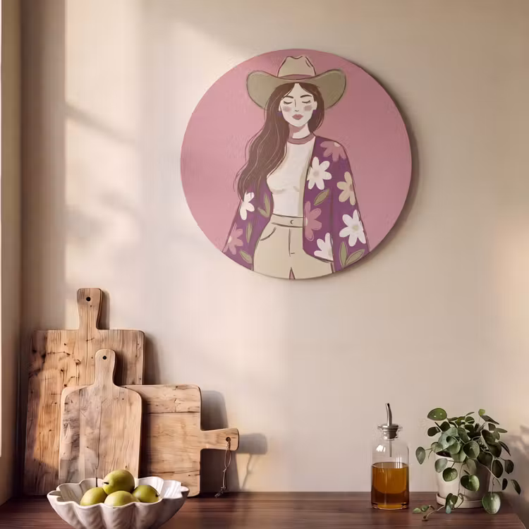 Vrouw - Hoed - Portret - Illustratie - Roze Akoestische PET Vilt - Rond klein -sfeer2