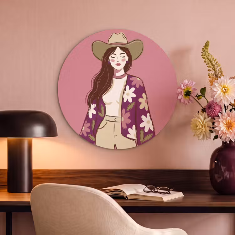 Vrouw - Hoed - Portret - Illustratie - Roze Akoestische PET Vilt - Rond klein -sfeer3