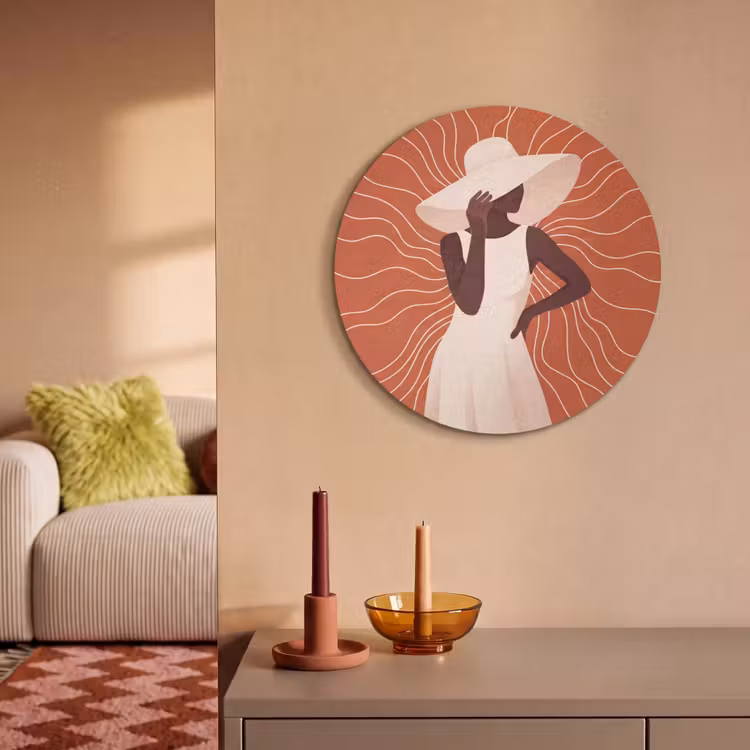Vrouw - Hoed - Portret - Modern - Beige Akoestische PET Vilt - Rond klein -sfeer1
