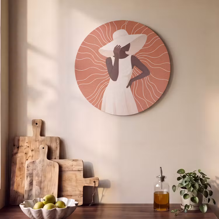Vrouw - Hoed - Portret - Modern - Beige Akoestische PET Vilt - Rond klein -sfeer2