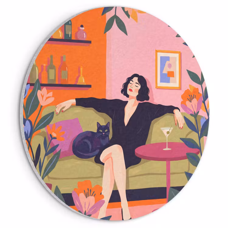 Vrouw - Kat - Interieur - Modern - Kleurrijk Akoestische PET Vilt - Rond klein -3d