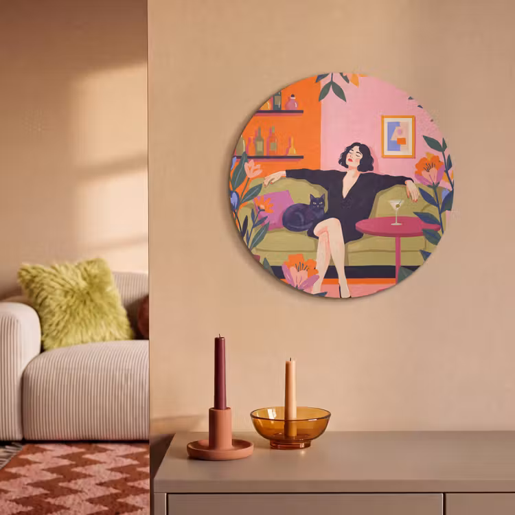 Vrouw - Kat - Interieur - Modern - Kleurrijk Akoestische PET Vilt - Rond klein -sfeer1