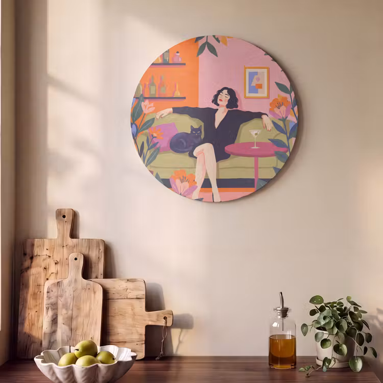 Vrouw - Kat - Interieur - Modern - Kleurrijk Akoestische PET Vilt - Rond klein -sfeer2
