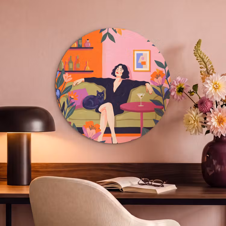 Vrouw - Kat - Interieur - Modern - Kleurrijk Akoestische PET Vilt - Rond klein -sfeer3