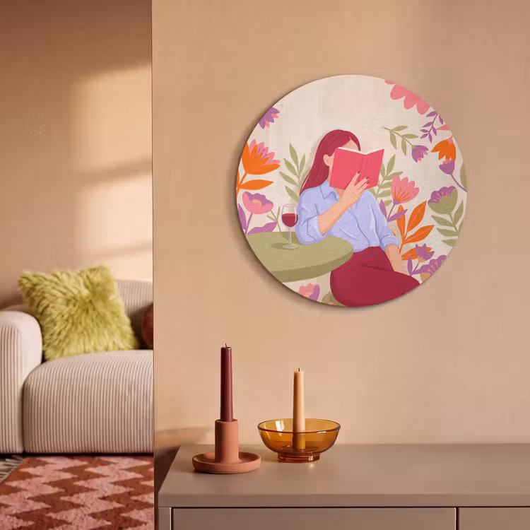 Vrouw - Lezen - Thuis - Modern - Bloemen Akoestische PET Vilt - Rond klein -sfeer1