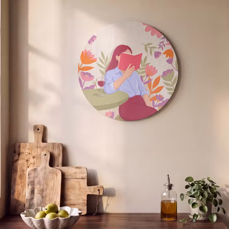 Vrouw - Lezen - Thuis - Modern - Bloemen Akoestische PET Vilt - Rond klein -sfeer2