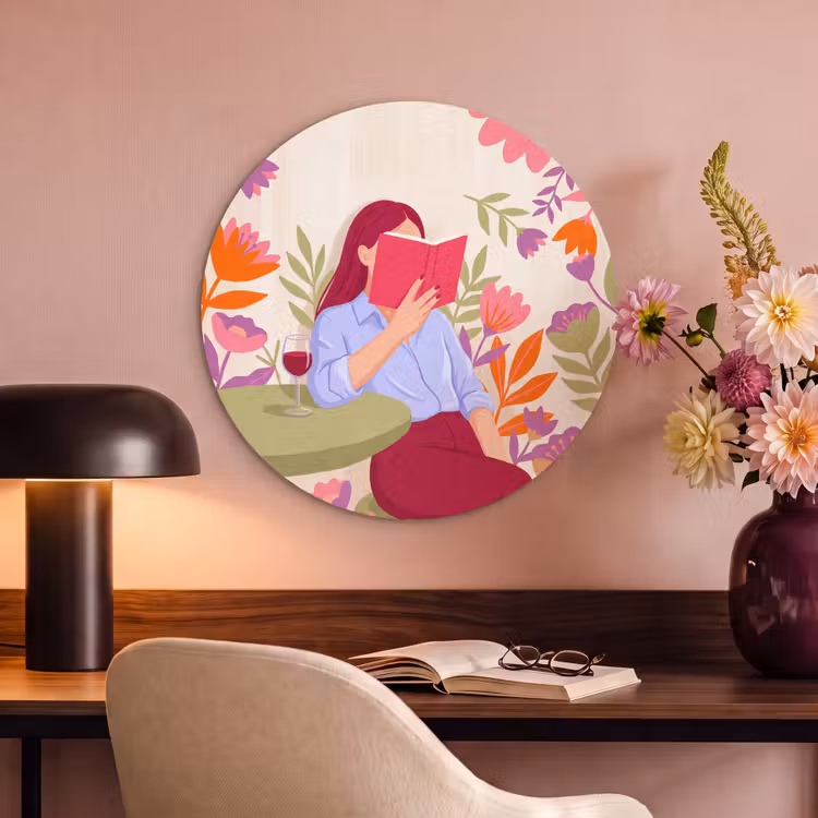 Vrouw - Lezen - Thuis - Modern - Bloemen Akoestische PET Vilt - Rond klein -sfeer3