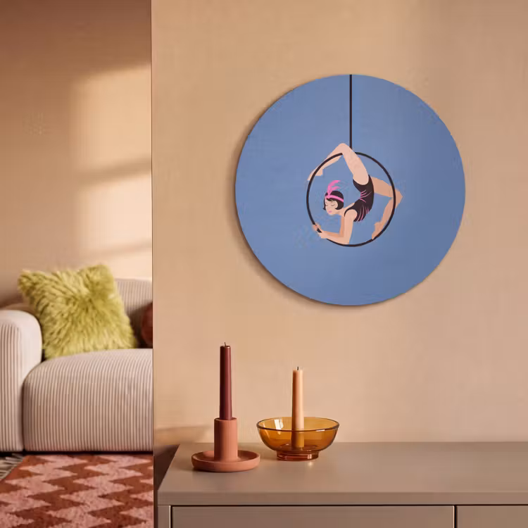 Vrouw - Aerial hoop - Art deco - Illustratie - Blauw Akoestische PET Vilt - Rond klein -sfeer1