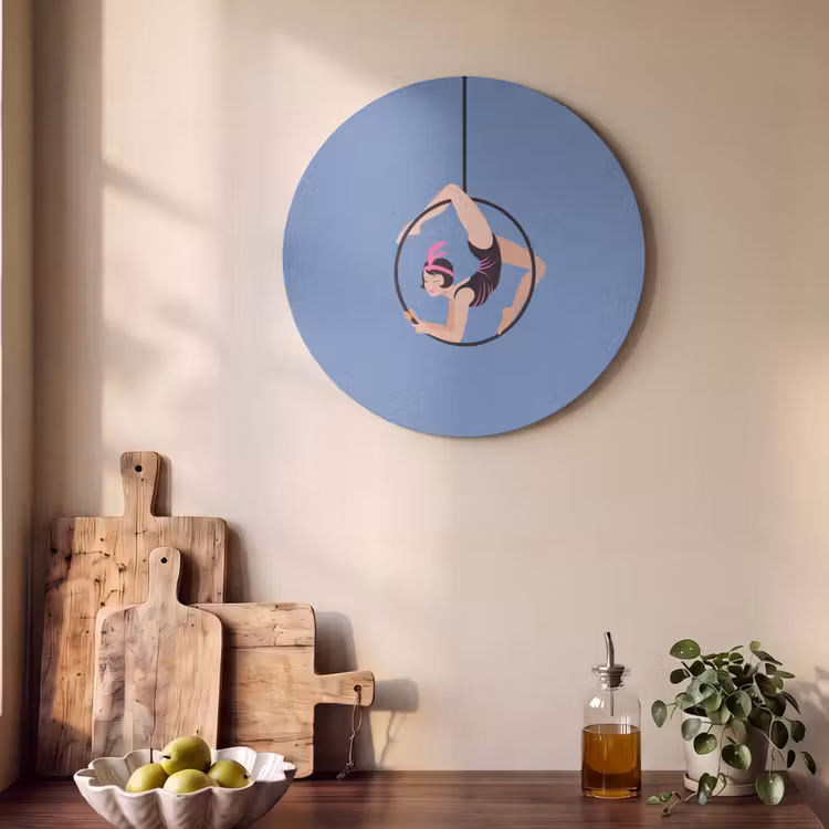 Vrouw - Aerial hoop - Art deco - Illustratie - Blauw Akoestische PET Vilt - Rond klein -sfeer2