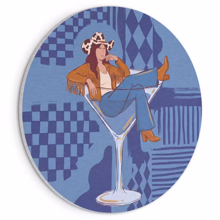 Vrouw - Martini glas - Abstract - Blauw - Kunst Akoestische PET Vilt - Rond klein -3d