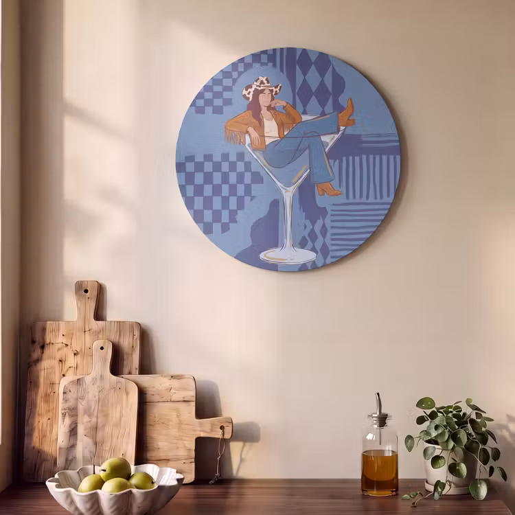 Vrouw - Martini glas - Abstract - Blauw - Kunst Akoestische PET Vilt - Rond klein -sfeer2