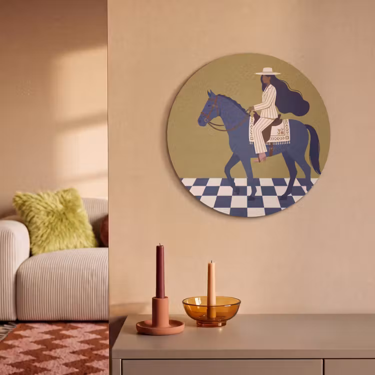 Vrouw - Paard - Rijden - Modern - Abstract Akoestische PET Vilt - Rond klein -sfeer1
