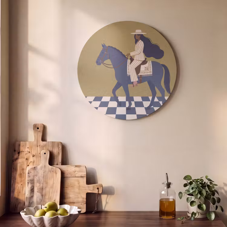 Vrouw - Paard - Rijden - Modern - Abstract Akoestische PET Vilt - Rond klein -sfeer2