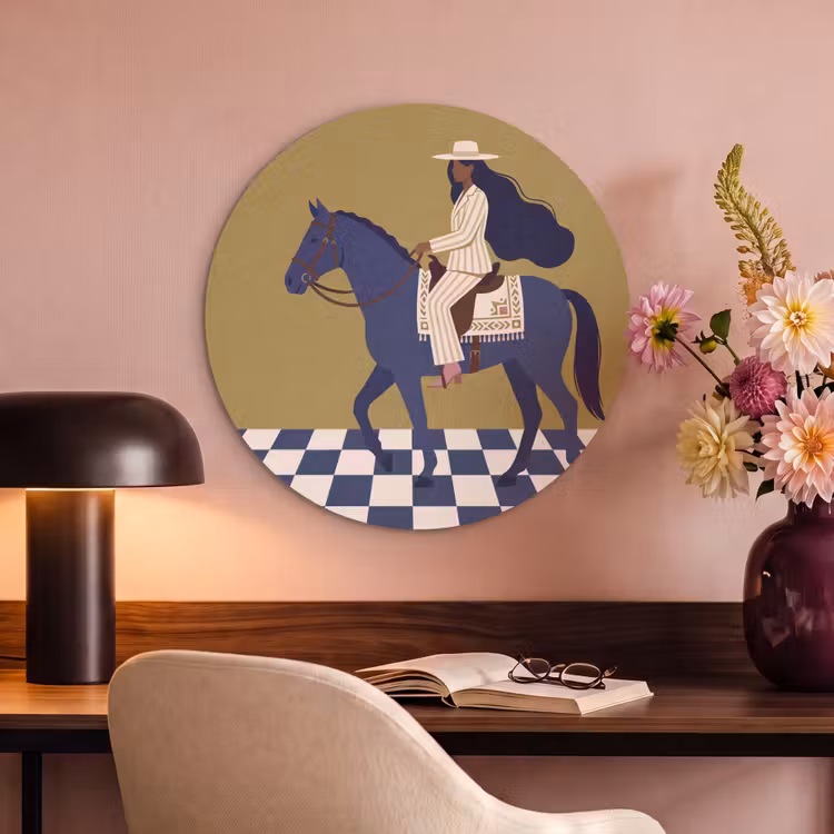 Vrouw - Paard - Rijden - Modern - Abstract Akoestische PET Vilt - Rond klein -sfeer3
