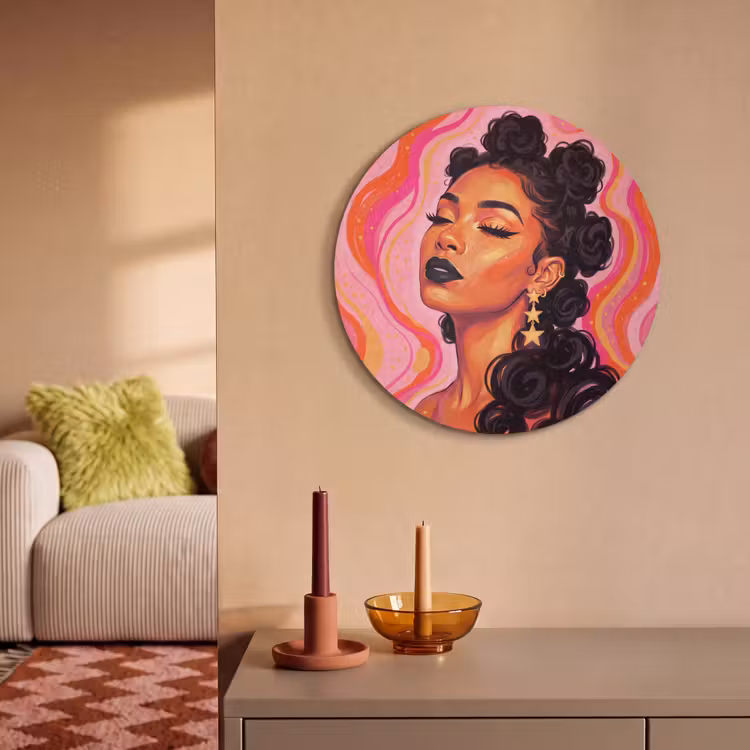 Vrouw - Portret - Abstract - Kleurrijk - Roze Akoestische PET Vilt - Rond klein -sfeer1