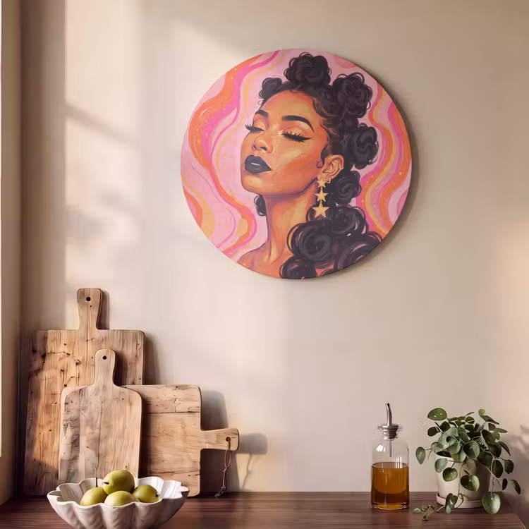 Vrouw - Portret - Abstract - Kleurrijk - Roze Akoestische PET Vilt - Rond klein -sfeer2