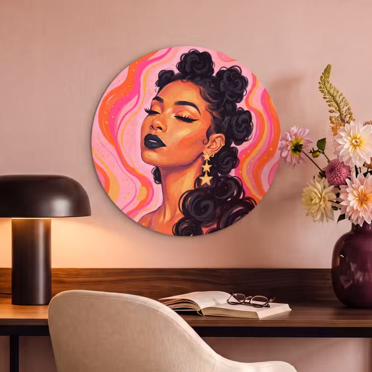Vrouw - Portret - Abstract - Kleurrijk - Roze Akoestische PET Vilt - Rond klein -sfeer3