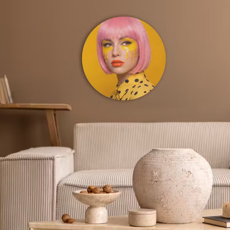 Vrouw - Portret - Abstract - Kleurrijk - Geel Akoestische PET Vilt - Rond klein -sfeer1