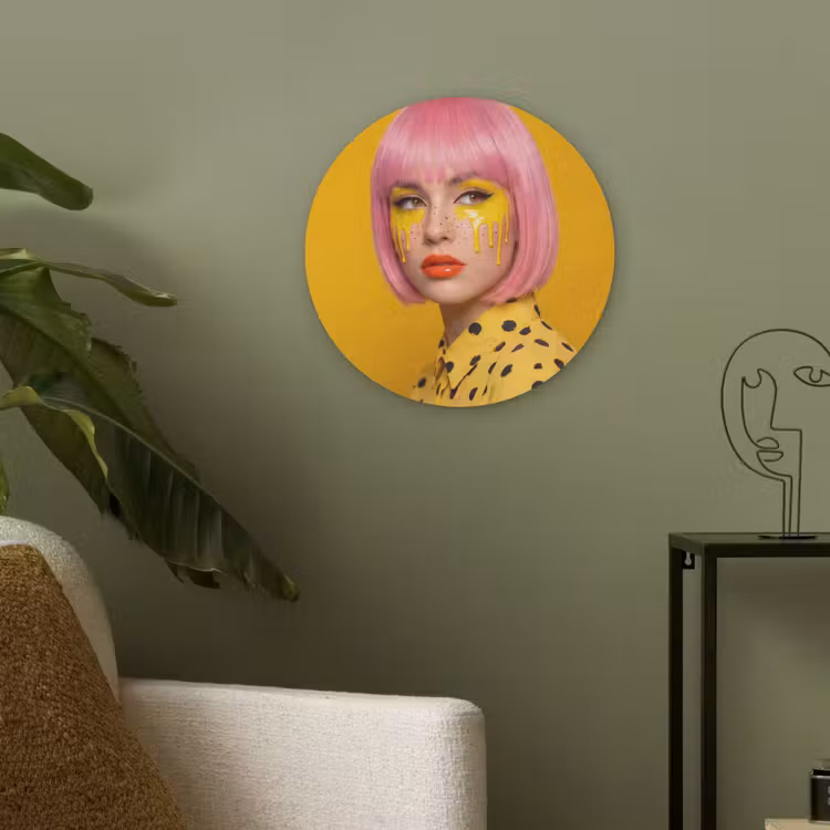 Vrouw - Portret - Abstract - Kleurrijk - Geel Akoestische PET Vilt - Rond klein -sfeer2