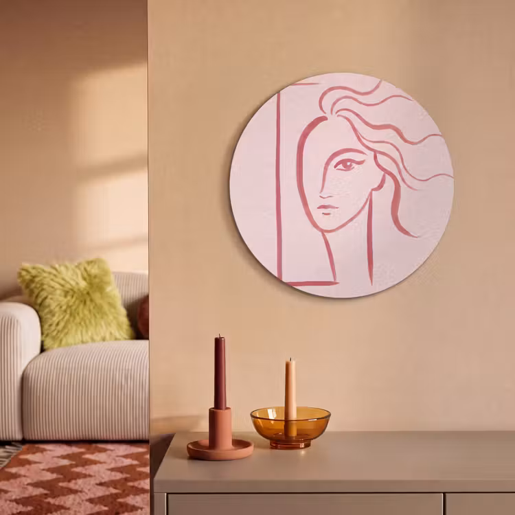 Vrouw - Portret - Abstract - Lijnkunst - Rood Akoestische PET Vilt - Rond klein -sfeer1