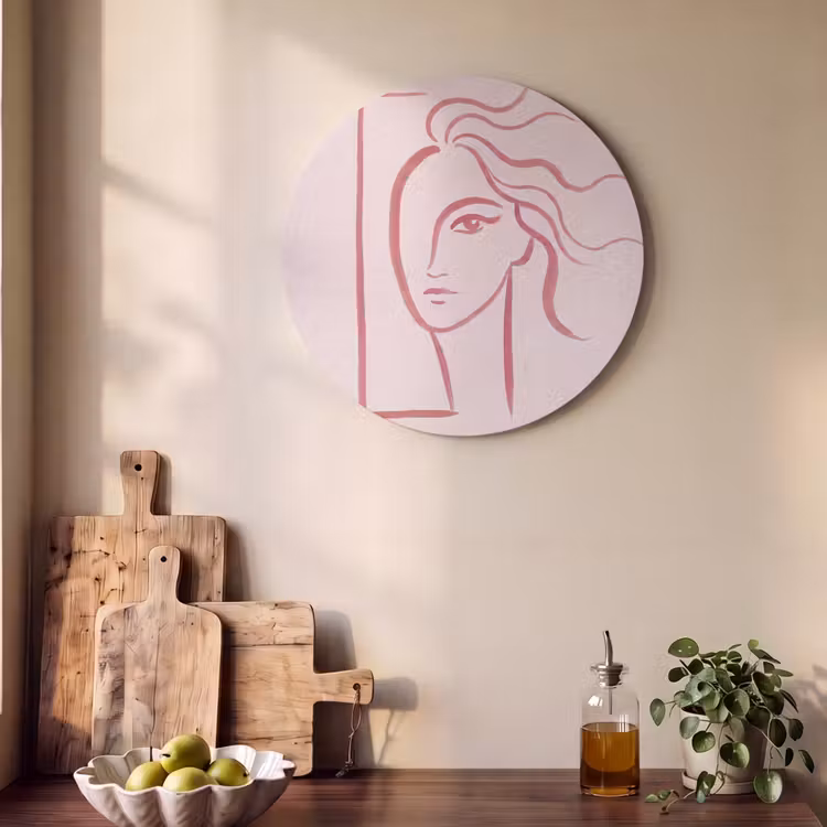 Vrouw - Portret - Abstract - Lijnkunst - Rood Akoestische PET Vilt - Rond klein -sfeer2