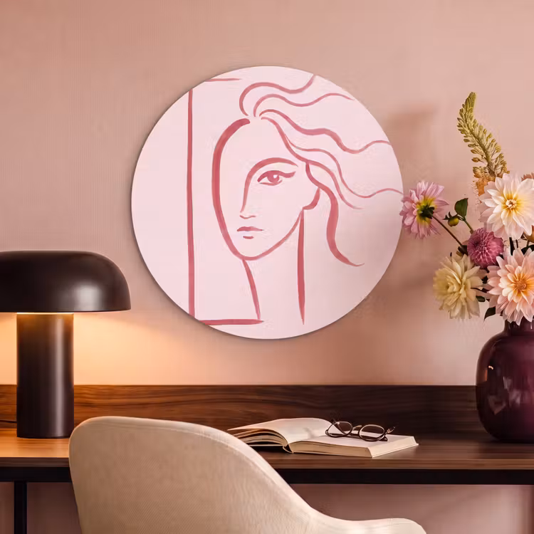 Vrouw - Portret - Abstract - Lijnkunst - Rood Akoestische PET Vilt - Rond klein -sfeer3