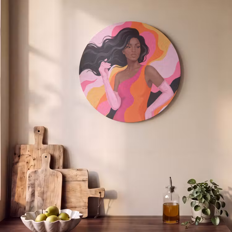 Vrouw - Portret - Kleurrijk - Modern - Kunst Akoestische PET Vilt - Rond klein -sfeer2