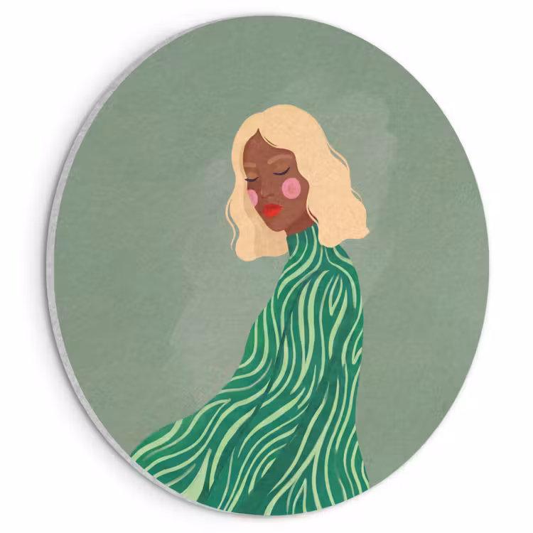 Vrouw - Portret - Illustratie - Modern - Groen Akoestische PET Vilt - Rond klein -3d