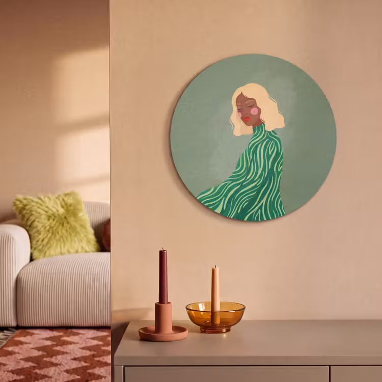 Vrouw - Portret - Illustratie - Modern - Groen Akoestische PET Vilt - Rond klein -sfeer1