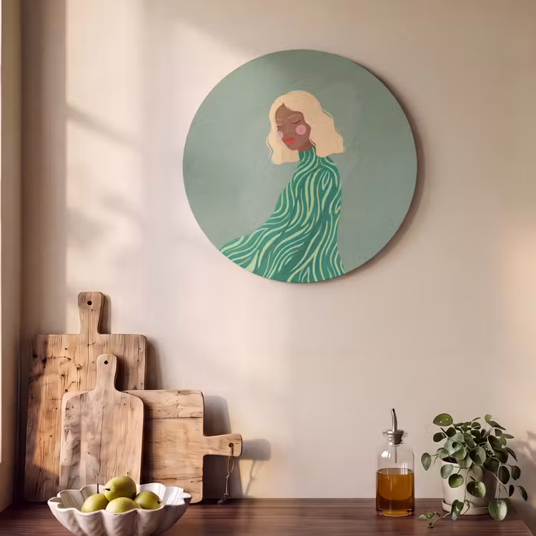 Vrouw - Portret - Illustratie - Modern - Groen Akoestische PET Vilt - Rond klein -sfeer2