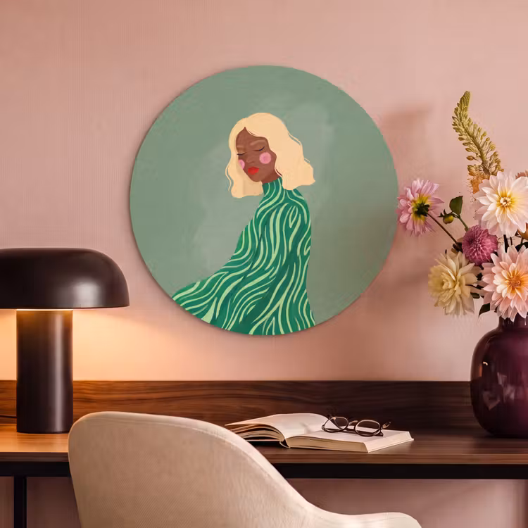 Vrouw - Portret - Illustratie - Modern - Groen Akoestische PET Vilt - Rond klein -sfeer3