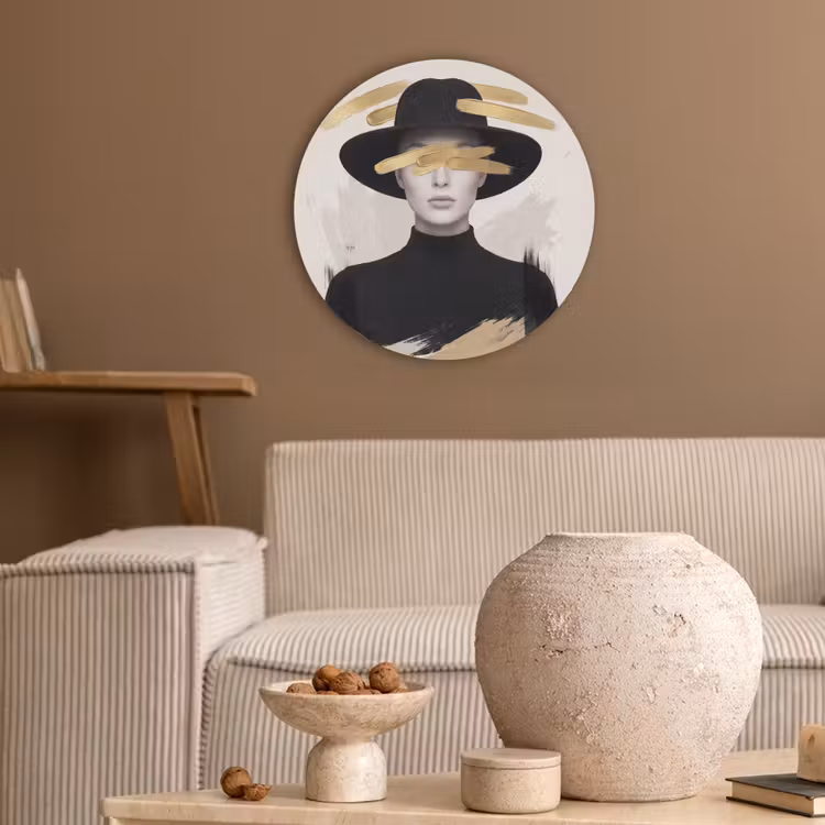 Vrouw - Portret - Modern - Goud - Kunst Akoestische PET Vilt - Rond klein -sfeer1